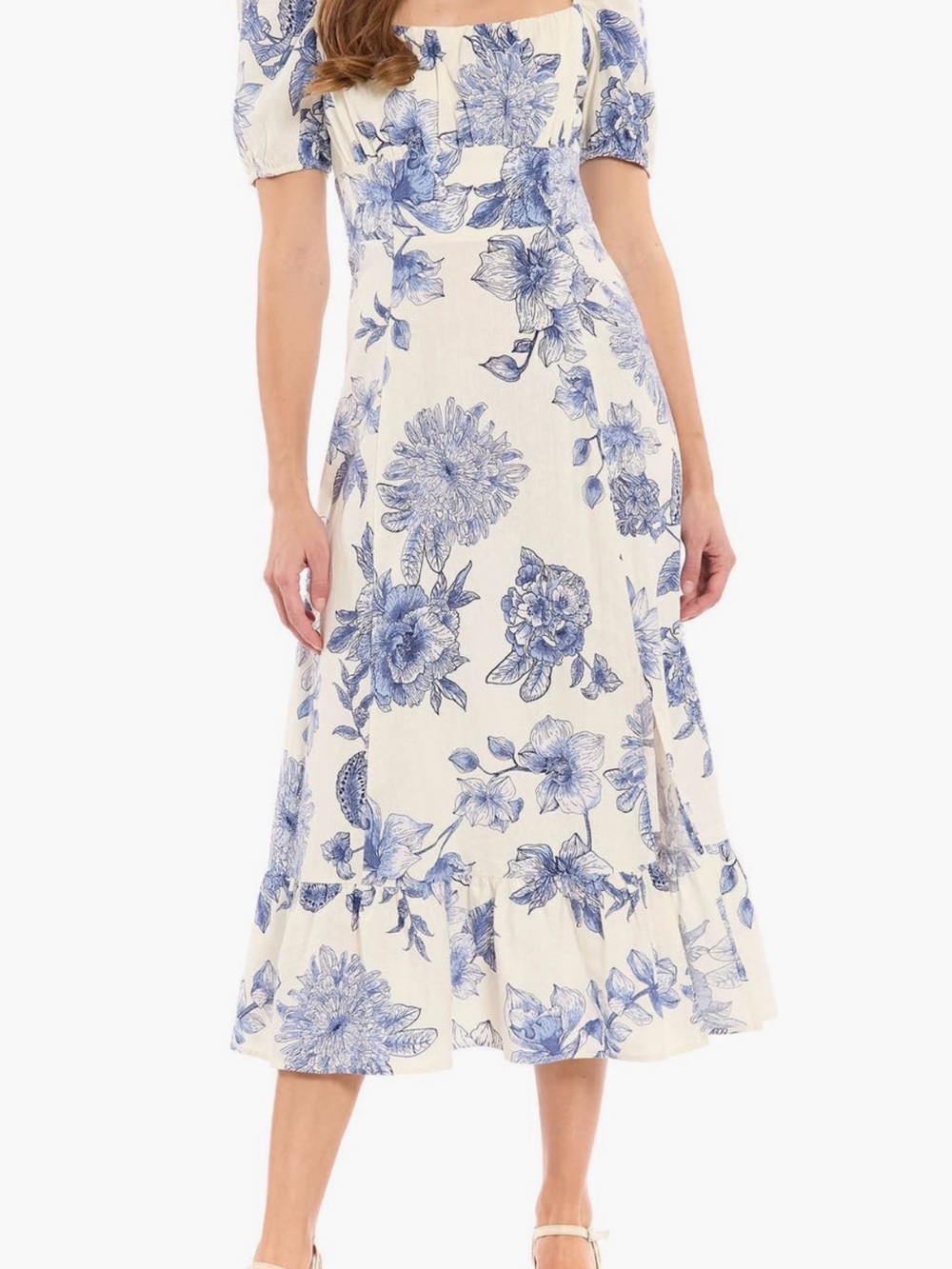 London Times puff Sleeve Empire Waist Cream and Blue Floral Midi Dress NWT